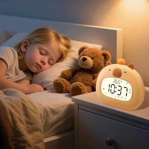 Strixorn Sveglia per bambini Capybara Sveglia per bambini - comodino con luce notturna, possibilità di impostare 3 sveglie,LED di data, temperatura, ricaricabile per bambine