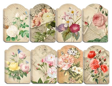 80pcs Vintage Flower Hanging Tags Card Blank Gift Tags with String Flower Style Paper Gift Tags for Wedding Birthday Party Decor, DIY Gift Wrapping, Scrapbooking, Wedding Gifts
