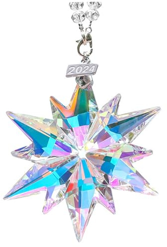 Schneeflocken Ornamente Stern, Funkelnde Kristall Weihnachtsschmuck farbenfrohe Brechung Kristall Schneeflocken Anhänger mit Ketten und farbigen Gurten für Weihnachtsbaum Hanging Dekor Schneeflockenf