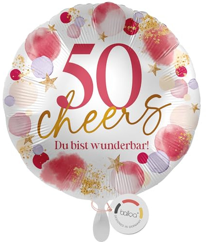 balloa Folienballon 50 Cheers Du bist wunderbar, runder Geburtstagsballon für Frauen mit Zahl 50, Helium Ballon als Deko oder Geschenk zum Geburtstag, Luftballon wird ungefüllt geliefert, 33cm