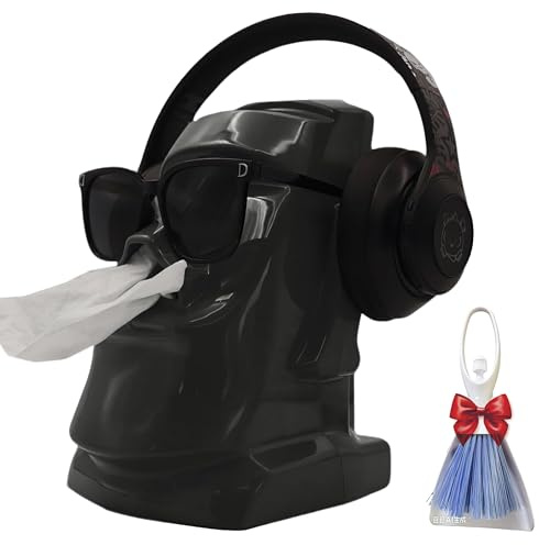 Moai Multifunktions Tissue-Box, Kopfhörer-/Brillenhalter inkl. Mini-Kehrset, Stilvolle Schreibtisch-Deko, 27x17x19cm, Der Schreibtisch-Organisationsprofi mit Mini-Kehrset (Black)