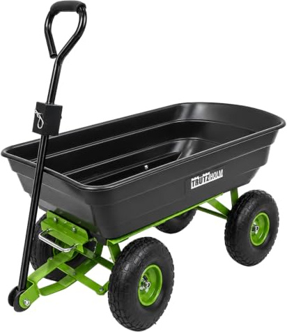 TRUTZHOLM Gartenwagen mit Kippfunktion Tragkraft 300 kg | 75 Liter Kunststoffwanne mit Stahlgestell Handwagen mit wendiger Lenkachse Lufträder Handwagen Transportwagen Rollwagen für Garten