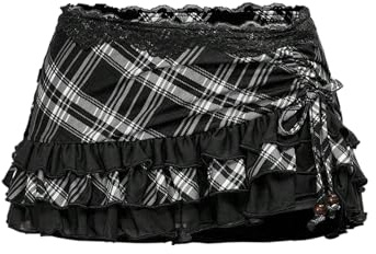 GORGLITTER Women's Plaid Lace Tiered Ruffle Mini Skirt Low Waist Asymmetrical A Line Tie Side Y2k Vintage Skirts Black Large