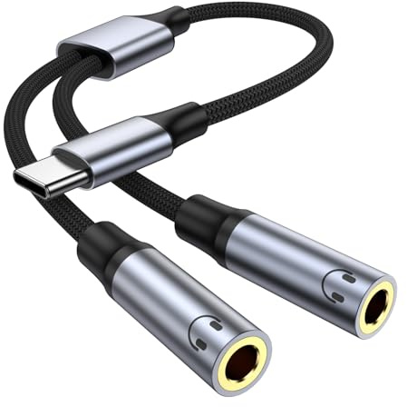 USB C to Dual 3.5mm Female Headphone Splitter, Type C to Dual 3.5mm Female Aux Y Jack Splitter Headphone Microphone Adapter for iPhone 17 16 15 Pro Max, Samsung Galaxy S25 S24, Pixel, Note, iPad Pro