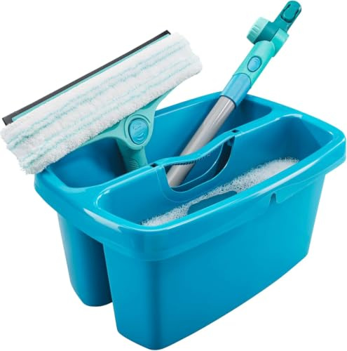 Leifheit Set de limpiacristales 4en1 FlexReach, limpiaventanas con Palo y Cubo, regleta de Goma y Palo de 43 cm de Longitud, rasqueta limpiacristales, aplicación 4en1, Almohadilla de Limpieza Lavable