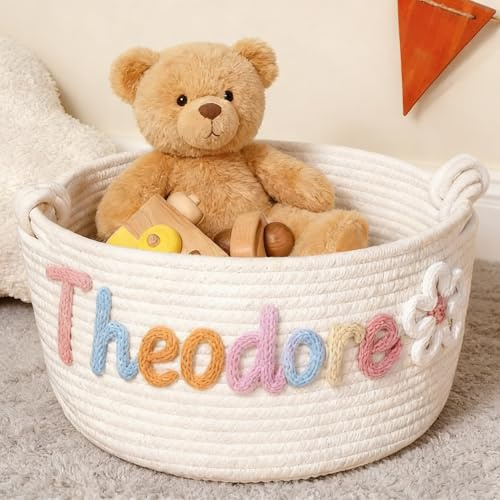 Personalisierter Babygeschenkkorb, Handgefertigter Korb Aus Geflochtenem Seil Mit Individuellem Namen, Osterkorb Für Jungen Und Mädchen, Geräumiger Wäschekorb(M:35X13X19CM)