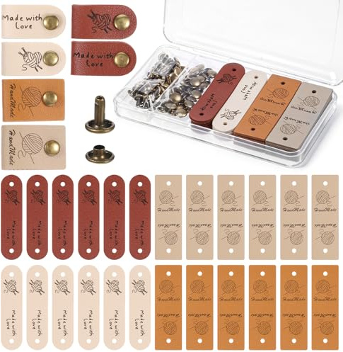 HJZHII 60 Stück Handgemachte Lederetiketten Set, Handmade Label mit Nieten Leder Etiketten zum Nähen DIY Handgemachte Etiketten Lederlabel für Basteln Kleidung Schals Hüte Handschuhe Häkelarbeiten