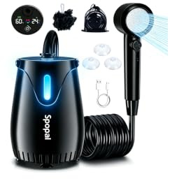Spopal Campingdusche mit Pumpe [8000mAh], Tragbare Campingdusche mit Temperaturmessung, Farbiger Nachtleuchte, IPX8, Camping Dusche mit Akku für Reisen, Blumen gießen, Autowäsche, Haustierwäsche