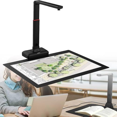 Storformat bokskanner, justerbar höjdkamera, max skanningsstorlek 420 x 297 mm, 90° vikning, inbyggt ljus, perfekt för manuskript, tidningar, kartor