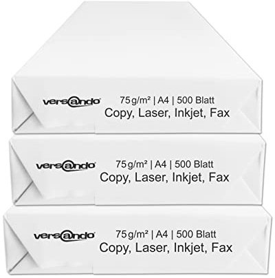 versando 1500 Blatt Kopierpapier DIN A4 75g / m² weiß Papier Kopierpapier | Druckerpapier Laserpapier Tintenstrahlpapier Universalpapier Standardpapier