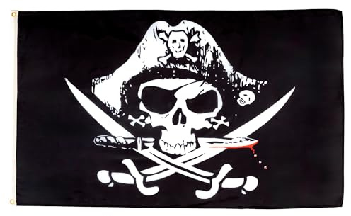 AZ FLAG Flagge Pirat mit Säbel 180x120 cm Polyester 100D 2 Ösen | Für innen und außen Piraten Totenkopf dekorative Flagge doppelte Nähte und verstärkte Kanten mit Metallösen 100D Polyester
