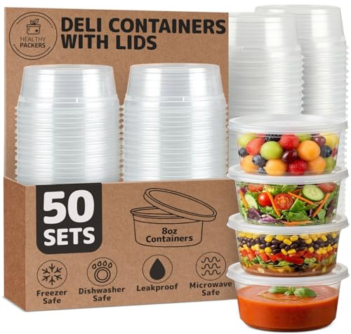 Healthy Packers 8oz Plastic Food Containers with lids (Set of 50) | Small Plastic Pots, Great for Meal Prep, Food and Freezer Storage, Soups, Sauces, Snacks and So Much More! | Meal Prep Containers with Airtight Lids - Great for Your Slime Kit, Food - BPA Free | Leakproof- Microwaveable & Freezer Safe