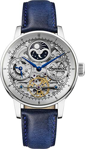 Ingersoll The Jazz 42 mm Automatik-Mondphasenuhr für Herren mit silbernem Skelett-Zifferblatt und blauem Echtlederarmband I07702