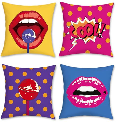 Bonhause 4 Pack Federa per Cuscini Pop Art 45 x 45 cm Labbra Pois Velluto Morbido Copricuscini Funky Moderno Decorativi per Divano Letto Auto