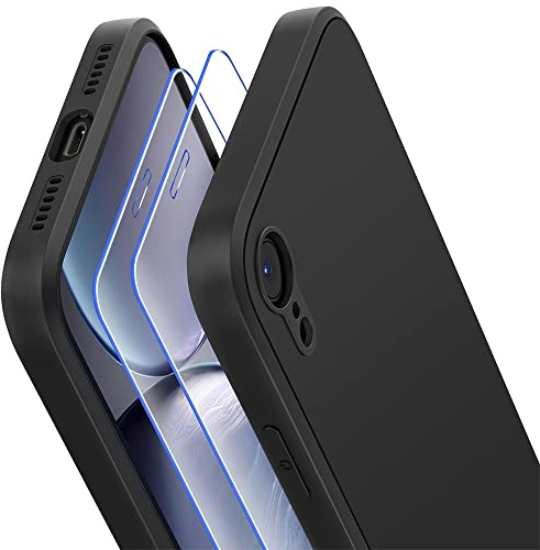 Losvick Case for iPhone XR, 2 x Tempered Glass Screen Protector, Soft Liquid Silicone Shockproof Bumper Case Microfibre Lining Anti-Scratch Cover Case for iPhone XR – 6.1 Inches – Black