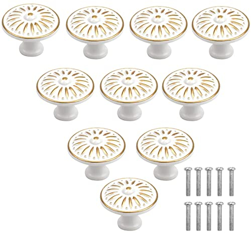 Chstarina 10 Pezzi Bianca Pomelli per Mobili 35mm Retro Pomelli per Porta Pomoli per Mobile Manopole per Mobili Cucina in Lega Alluminio con Vite Pomelli per Porte Cassetti Armadio Cassetto Credenze