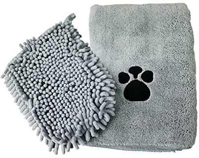 Karrma Ltd. Pet Towel & Mitt Set, Microfiber, Random Grey or Brown Colour | Super Absorbent, Quick-Dry, Ultra Soft Grooming Mitt, Bath & Drying Cloth for Pets, Dogs & Puppies