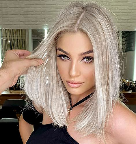 VEBONNY Spitze Perücke Bob - Kurze Ombre in Braun- und Sandblond-Tönen mit Strängen, Kunsthaar 30 cm, VEBONNY-096