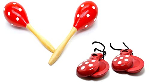 Maracas und Kastagneten für Erwachsene rot und weiß. komplettes Musik-Set aus Spanien, Farbe der Punkte, Spanische traditionelle Farben, Rumba Schütteln Handklopfen