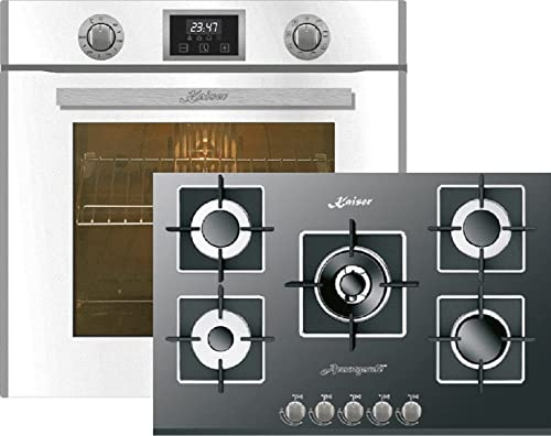 Kaiser Juego de horno EH 6326W + KCG 8382 Turbo, horno eléctrico empotrable, 79L, 10 funciones + placa de cocción empotrada a gas 77cm, negro cristal