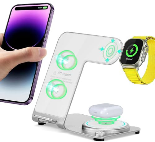 3 in1 Wireless Charger Station, TECHGEAR 15W Fast Wireless Metal Charging Dock Stand for iPhone 16/1514/13/12/11/Pro/Max/Plus,Air Pods 3/2/1/Pro,Apple Watch Series 10-2, Samsung S24/23/22/21 Ultra etc