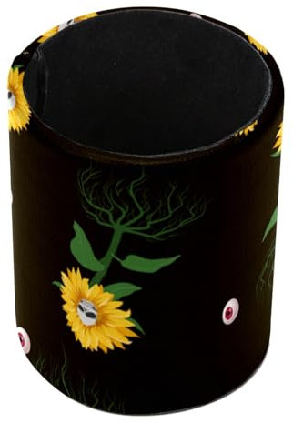 Sunflower Skull Standing Pencil Case, Cute Round Pen Holder Pouch Pencil Bag Makeup Brush Boxes for School Students Office Women Teens Girls Boys