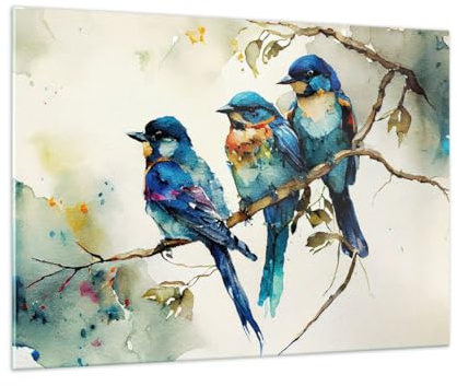 Glasbild 100x70cm Wandbild Glasdruck Kunst Tiere - 5675 | Vögel Natur Aquarell Groß Modern Dekoration Wohnzimmer Schlafzimmer Küche Wanddeko Kunstdruck Art Wall Decor ARTTOR