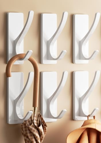 pickpiff Self Adhesive Hooks, Sticky Hooks Extra Sturdy, Hanging up to 6KG, Metal Stainless Heavy Duty Stick on Wall Door, for Towel Coat Hat Purse in Bathroom Shower Kitchen, White, 6 Pack