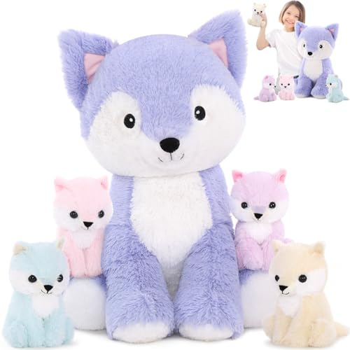 MorisMos riesen XXL Fuchs Kuscheltier mit 4 Baby im Bauch, 48cm sitzende groß Fuchs Stofftier Plüschtier, weich plüschfuchs XXL als Geburtstag Geschenk für Kinder Jungen
