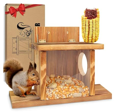 Yuehuamech Eichhörnchen Futterhaus Chipmunks Futterkasten mit Mais Halter Eichhörnchen Haus Box Futterstationen Wildlife Feeder für Mais Erdnüsse Draußen Garten Dekor