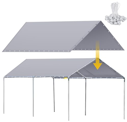 Wesnoy 3.0 x 6.1 m Heavy Duty Canopy Replacement Cover Waterproof Carport Garage Car Shelter Tarp Tent for Car Canopy with 50 Ball Bungees, Only Top Cover, Frame is Not Included Grey