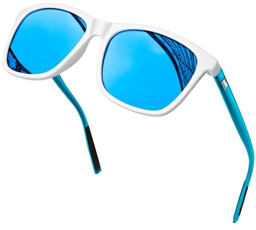 KANASTAL Größe Sonnenbrille Herren und Damen Retro Polarisiert Sonnenbrille UV400 Schutz für Reise Wandern Angeln Alltag, Glänzend Weiß Rahmen Verspiegelt Blau Gläser Blau Bügel
