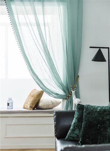 Beydodo Gardinenschals 2er Set mit Schlaufen, Vorhänge Halbtransparent 107x229CM Modern Einfarbig mit Quasten Gardinen Polyester Grün Lichtdurchlässig Schiebevorhänge Wohnzimmer Schlafzimmer