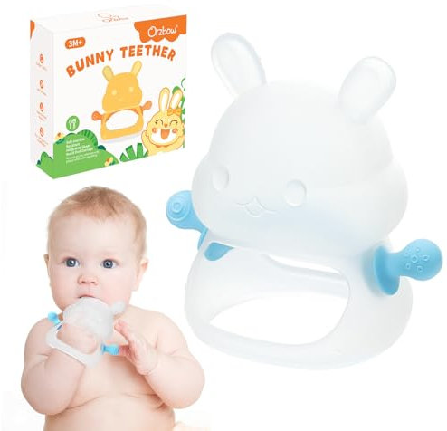 Orzbow Beißring Baby Spielzeug ab 3 6 9 Monate, Silikon Zahnungshilfe Baby Mitabnehmbarem Handgriff, Leicht Greifen & Reinigen, Beißspielzeug für Saugbedürfnisse, Schmerzlindernd, Blau
