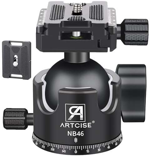 Cabezal de Bola de Perfil Bajo de 46 mm, Cabezal de Trípode de Alta Resistencia ARTCISE NB46 Todo Metal con Dos Placas de Liberación Rápida de 1/4 para Trípode, Monopie, DSLR, Carga Máxima 25 kg