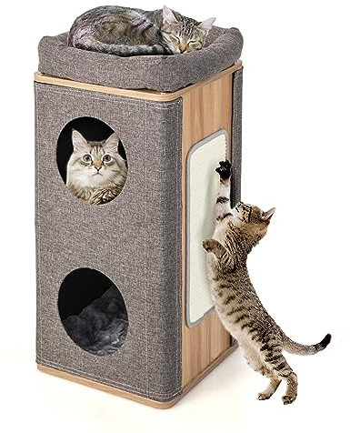 GOPLUS 3-stufiger Katzenhöhle Holz, Katzenhaus mit Kratzbrett & abnehmbarem Matte，robuster Katzenkratzbaum mit 2 Höhlen & 3 weichen Kissen, für Katzen bis 20 kg (Grau)