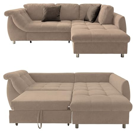 luma-Home 17011/ Ecksofa mit Schlaffunktion, Mikrofaser-Bezug Hellbraun | B250/T190/H84 cm, Wellenunterfederung und Komfortschaum, Longchair Ottomane rechts, 2 Zierkissen Graubraun