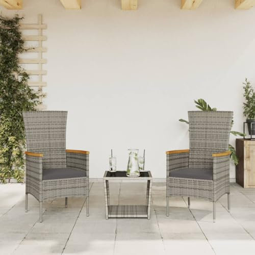 Homgoday Set da pranzo da giardino 3 pezzi con cuscini in rattan sintetico grigio, sedia tavolo cucina esterno terrazza patio balcone mobili tipo 4