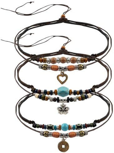 ANNASAMDO 3 Stück Boho Schmuck Lederkette, Doppel Lederband Halskette mit Türkis Bead Holz Perlen, Retro Boho Kette Surferkette Unisex für Herren Damen