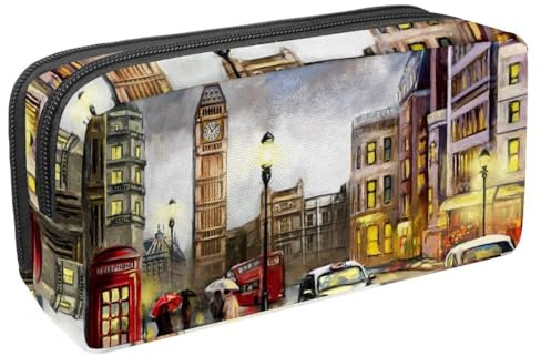 VAPOKF Federmäppchen, Federmäppchen, Schüler-Schreibwaren-Tasche für Teenager, Jungen, Mädchen, Schule, Bürobedarf – Londoner roter Bus, Telefon, Regenschirm, Big Ben, Straßenlandschaft, multi,