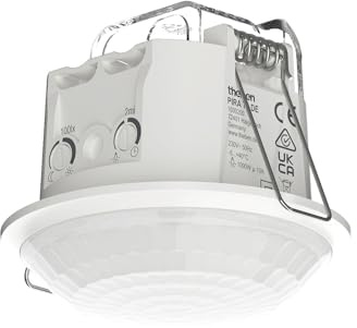 Theben 1030200 PIRA T8 DE Präsenzmelder/Bewegungsmelder PIR 360° 8 m Decke | Deckeneinbau, 200 W LED, 5 s - 15 min, sensNorm-zertifiziert, permanente Lichtmessung, voreingestellt, 45° Steckklemmen