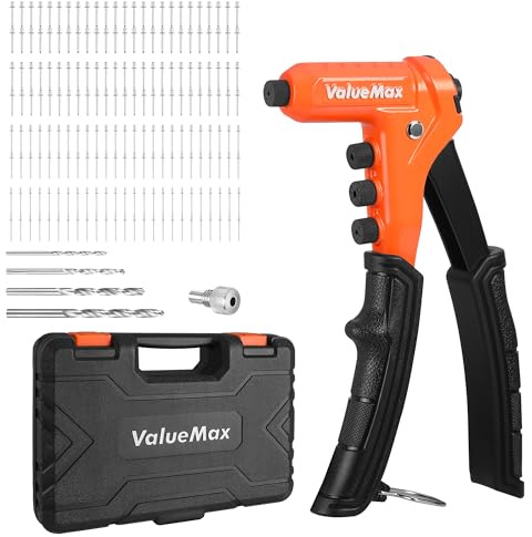 ValueMax 4-in-1 Rivet Gun, Heavy Duty Pop Rivet Gun Kit with 200 Rivets - 3/32, 1/8, 5/32, 3/16, 4 Interchangeable Nosepieces, Drill Bits, Rivet Tool for Metal, Plastic, Leather | 3/32, 1/8, 5/32, 3/16 Rivets, 4 Interchangeable Nosepieces, Drill Bits, Rivet Tool for Metal, Plastic, Leather