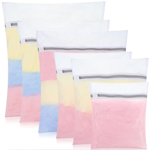 6 PCS Mesh Laundry Bags with Zips, Large Fine Laundry Bags for Washing Machine Reusable Washing Bags for Laundry Wash Bags for Clothes, Socks, Underwear, Bra (60x50cm/50x40cm/40x30cm/30x20cm, White)
