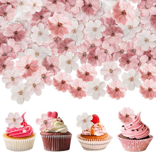 Essbare Blumen für Torte,50 Stück Essbare Kirschblüten,Blumen Cupcake Topper,Essbare Tortendeko,Essbare Blüten Tortendeko,Kirschblüten Klebreispapier,für Hochzeits Geburtstag