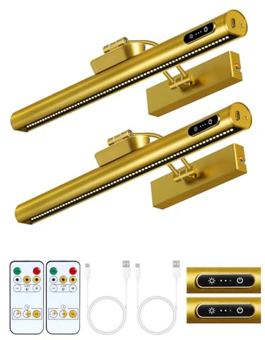 OUTON 2Pack Rechargeable Picture Light with Remote & Touch, Magnetic Battery Operated Art Light, 3-Color Dimmable, 4000mAh, Timer, Power Indicator, Wireless for Wall Paintings, Mirrors, Gallery – Gold
