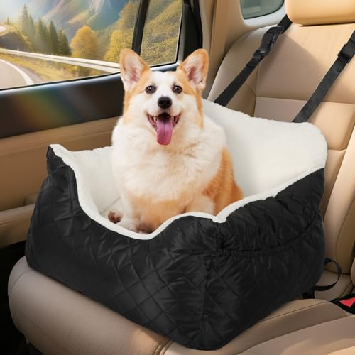 Eikuavons Hunde Autositz Kleine Hunde, Hundesitz Auto mit Aufbewahrungstaschen, Ansteckbare Leine Hundebett Auto für Rückbank Vordersitz, Schwarz 47x47x21cm