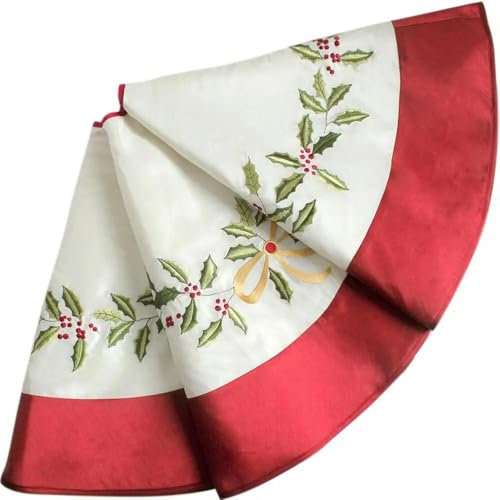ZBDP - Gonna per albero di Natale in finta seta bianca con foglie di agrifoglio ricamate con bordo rosso, 127 cm