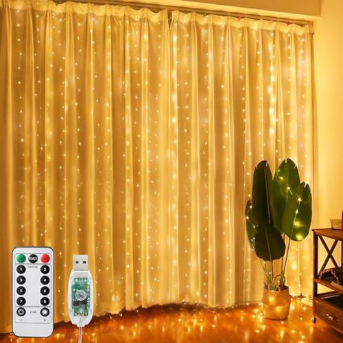 POIFL 300 LED Guirlande Lumineuse, 3x2.7M USB Rideau Lumineux Noel Intérieur,8 Modes Dimmable avec Télécommande et Minuterie, Etanche Guirlande LED Decoration de Noël, Mariage, Fenêtre