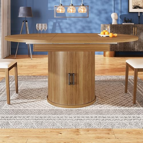 Utdragbart matbord 118–158 cm rund/oval med integrerat förvaringsutrymme och justerbara fötter – plats för 6 personer, köksbord i valnötsopk/svart, stabil MDF – bord för matsal, balkong