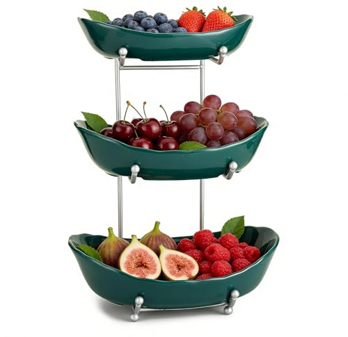 Cuenco de frutas para encimera de cocina, cuencos de cerámica de 3 niveles con soporte de metal, cesta de frutas escalonada para almacenamiento de frutas y verduras, aperitivos, pan, dulces, nueces